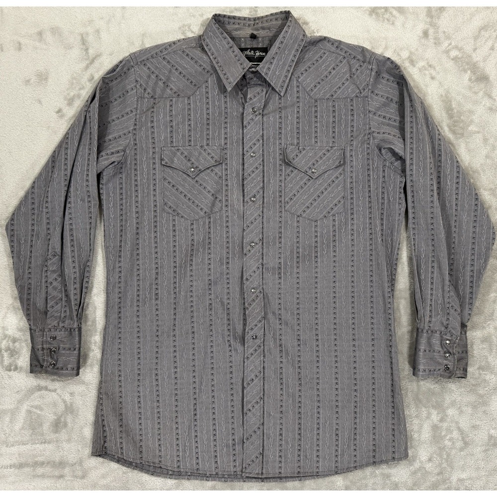 White Horse Shirt Men's L Gray Western Pearl Snap Striped Textured Chest Pockets